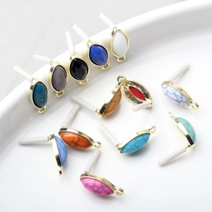Vintage oval alloy earring charms with gold metal frames and marble stone inlays for DIY jewelry