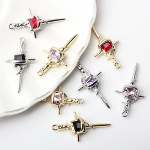 Vintage Gothic Alloy Cross Sword Pendant Only Dagger Charm With Square Rhinestone Zirconia For DIY Necklace Earring Making Accessory