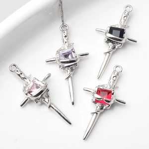Alloy cross sword pendants with colorful gemstones and antique textures on silver chains