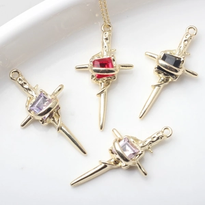 Gothic gold sword cross pendants with colorful gemstone inlay for jewelry making