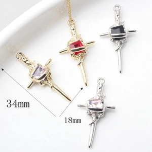 Alloy cross pendant with colorful gemstones and textured finish, 34mm size jewelry accessory
