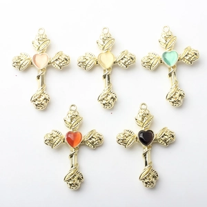 Golden rose cross alloy pendants with heart opal stone in five colors for DIY jewelry