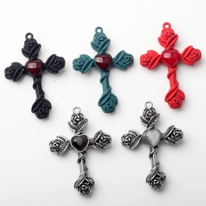Set of 5 alloy cross pendants with vintage rose vine design and heart shaped gemstone
