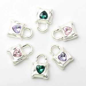 Set of six alloy bag-shaped pendants with heart-shaped colorful crystals for jewelry making