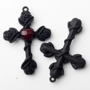 Gothic black matte cross pendant with red heart gemstone and rose floral details