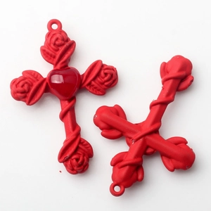 Detail of red rose cross pendant with heart gem for DIY jewelry making accessories