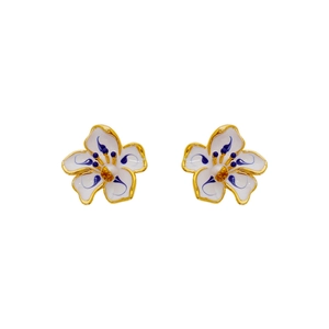Blue and white porcelain enamel flower stud earrings with elegant gold plating details
