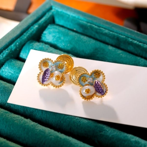 Orecchini a clip quadrifoglio in smalto stile pittura a olio con perle eleganti