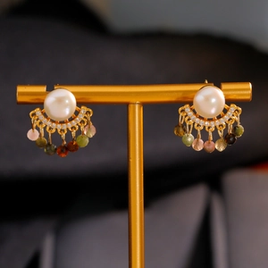 Pendientes de plata 925 con calcedonia, perlas y borlas de piedras preciosas de colores