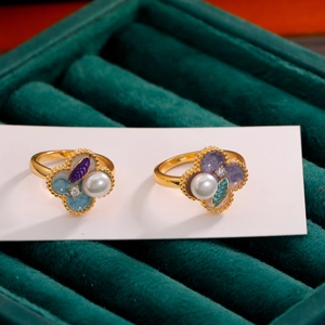 Vintage Emaille Klaver Open Ring Voor Dames Koper Zoetwaterparel Zirconia Bloem Vingerring Luxe Sieraden Cadeau