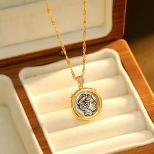 Vintage French style gold chain necklace with embossed ancient Greek coin pendant and crystals