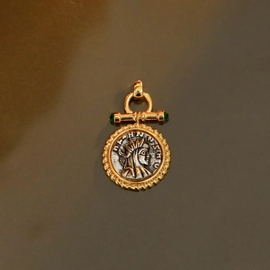 French vintage coin pendant necklace with green stones and antique relief design