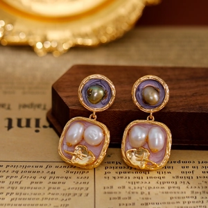 Orecchini a Goccia Quadrati con Süßwasserperle d'Acqua Dolce Barocche Francese Vintage Smalto Foglia Rame Perno in Argento 925