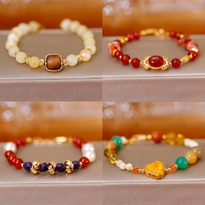 Bracelet Fait Main Style Chinois Vintage pour Femme Perles d'Eau Douce Agate Bijoux Ethniques Plaqué Or Cadeau