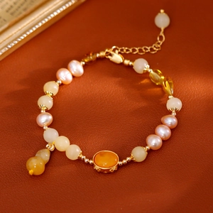 Bracelet chinois fait main avec perles, pierres de jade jaune et pendentif calebasse