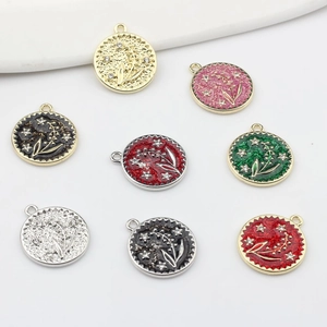 Enamel lily of the valley coin pendants with sparkling glitter details for jewelry making