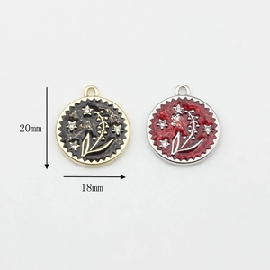 Floral enamel coin pendant with crystals for DIY jewelry making in black and red
