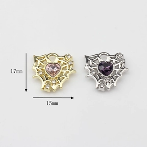17mm heart-shaped spider web charms with pink and purple zircons for jewelry making