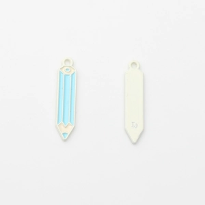 Detail of light blue enamel pencil charm with metal loop for DIY jewelry making