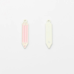 Detail of pink enamel pencil charms with gold alloy base and circular hanging holes