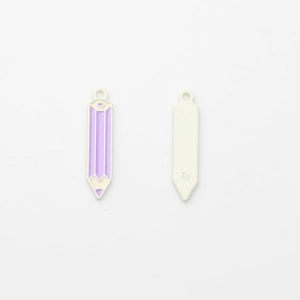 Macro view of light purple enamel pencil pendant with dual-sided detail and hanging loop