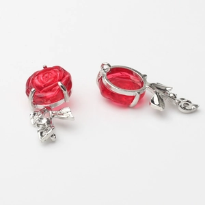 Detail of red rose alloy charms with silver leaves for DIY jewelry making and pendants