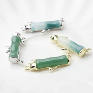 Bamboo style green jade pendants with gold and silver alloy plating for DIY jewelry making