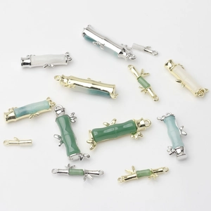 Bamboo style metal pendants with imitation jade inlay for DIY Chinese jewelry design