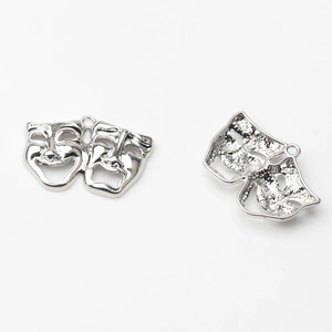 Detail view of silver comedy and tragedy mask charms with polished front and textured back