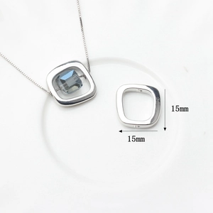 Polished silver square hollow pendant with 15mm blue crystal on a minimalist chain
