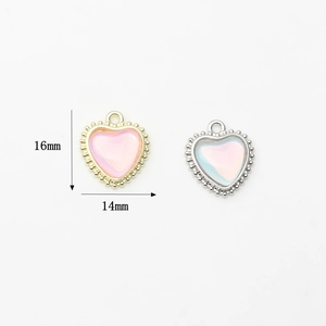 Alloy heart pendant with iridescent zircon stone inlay for DIY earring making, 16x14mm