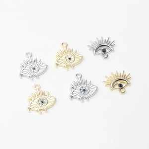 Evil eye charms with blue zircons and metallic finish for DIY jewelry crafting