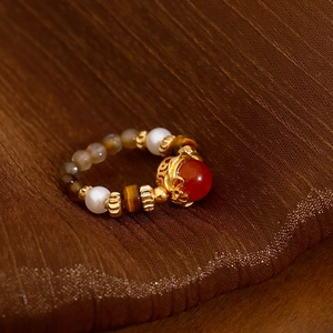 Vintage 18K Gold Plated Copper Beaded Ring With Red Agate Tiger Eye Stone Faux Artificial Pearl For Women Elastic Fashion Jewelry