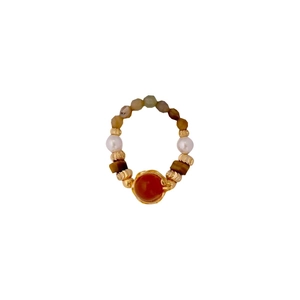 Maillard style tiger eye and carnelian beaded ring with freshwater pearls and gold beads