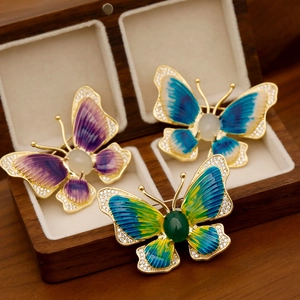 Elegant Butterfly Enamel Brooch Copper With Zirconia Agate Inlay 14K Gold Plated Retro Animal Breastpin For Women Jewelry