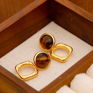 Pendientes de Botón de Ojo de Tigre Geométricos Vintage Bañados en Oro 18K Cobre Colgantes Con Poste de Plata de Ley 925 Mujer