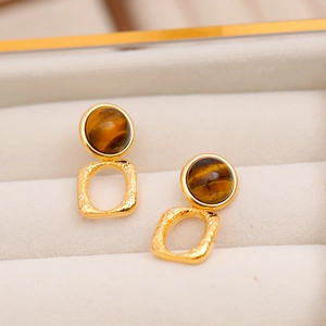 Pendientes retro de piedra ojo de tigre cuadrados dorados con acabado martillado fino