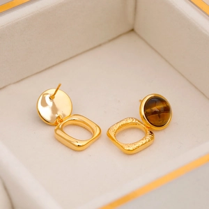 Pendientes vintage de ojo de tigre con colgantes cuadrados texturizados bañados en oro