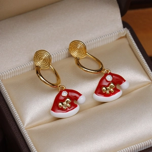 Orecchini a Cappello di Babbo Natale per Donna Placcati Oro 16K Rame Smalto Fiocco di Neve Fiocco Clip Orecchie a Spirale Gioielli