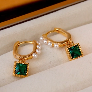 Vintage gold hoop earrings with white pearls and square emerald green gemstone pendant