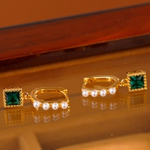 Vintage gold hoop earrings with white pearls and emerald square gemstone pendants