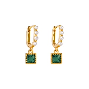 Vintage gold hoop earrings with emerald green square stones and small white pearls