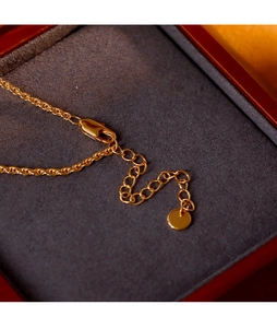 Close-up of golden necklace lobster clasp with adjustable chain and round tag