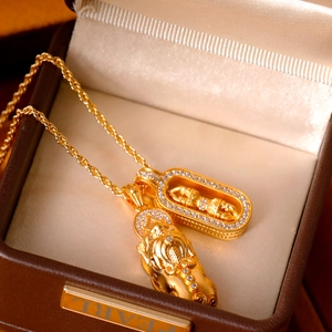 Gold-finish Pi Xiu and Vajra pendants on a twisted rope chain necklace for women