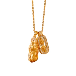 Matte gold Pixiu and Vajra pendant necklace with sparkling zircons on a fine twist chain