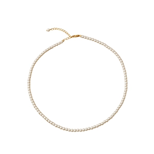 Elegant 2mm white round pearl necklace with adjustable gold lobster clasp on white background