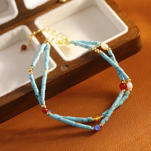 Pulsera de Cuentas de Doble Capa Chapada en Oro de 18K Vintage para Mujer Perla de Agua Dulce Ágata Turquesa Joyería