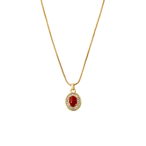 Collier vintage doré avec pendentif en agate rouge ovale entouré de cristaux brillants