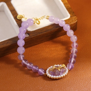 Pulsera de Cuentas de Amatista Mujer Cobre Chapado en Oro Rosa Flor Perla Artificial de Imitación Encanto Elegante Joyería Regalo