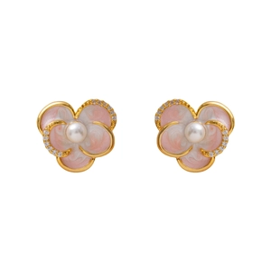 Enamel flower stud earrings with pearl center and crystals in gold-plated setting